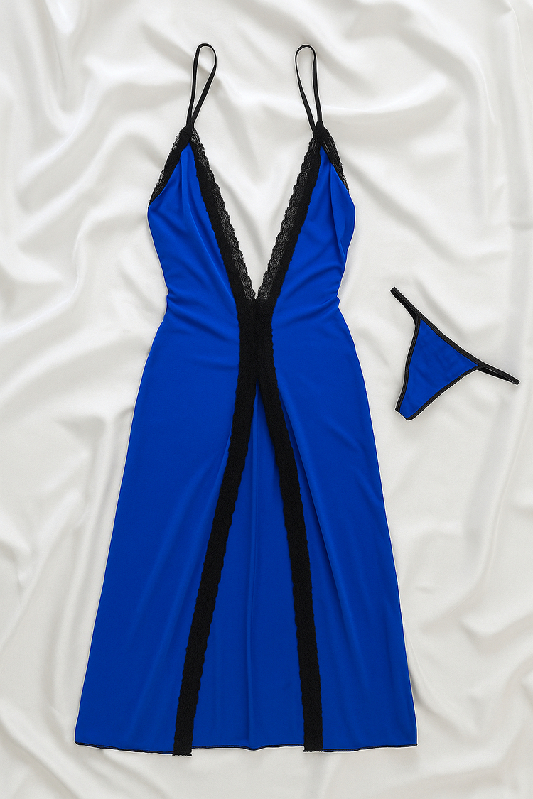 Mavi Önden Yırtmaçlı Gecelik