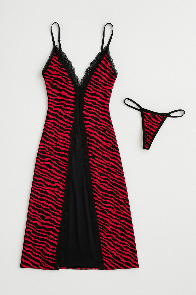 Kırmızı Zebra Desenli Gecelik